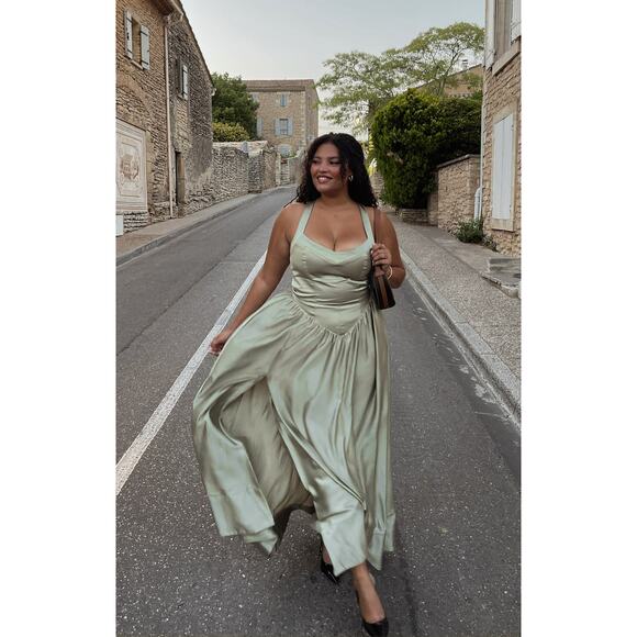 Show Me Your Mumu Abigail Maxi Dress Moss Green Luxe Satin XL NWT - Picture 3 of 10